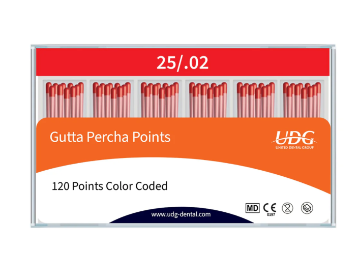 UDG gutta percha points .02 taper sizes 15 to 40 box of 120 points for root canal obturation