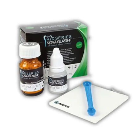 Nova Glass-F radiopaque glass ionomer filling cement kit with powder bottle liquid dropper and mixing accessories