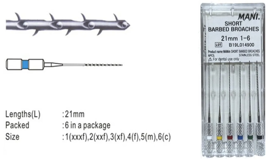 Mani short barbed broaches with packaging and specifications on a white background