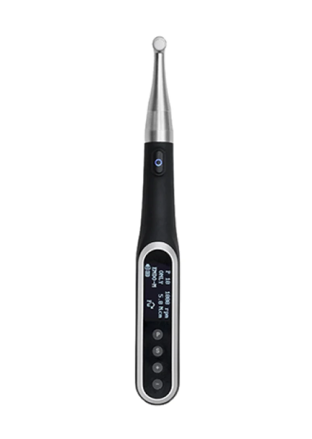 Wismy cordless endodontic motor handpiece with digital OLED display and LED contra-angle for root canal treatment.