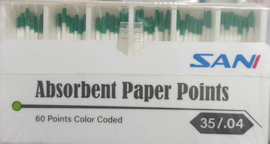 Pack of Sani absorbent paper points with green and white color coding.