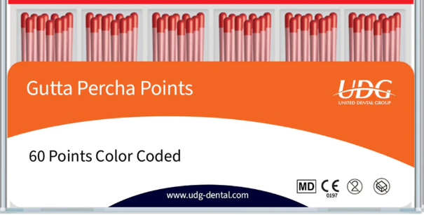 Packaging of UDG Gutta Percha Points with an orange and white design.