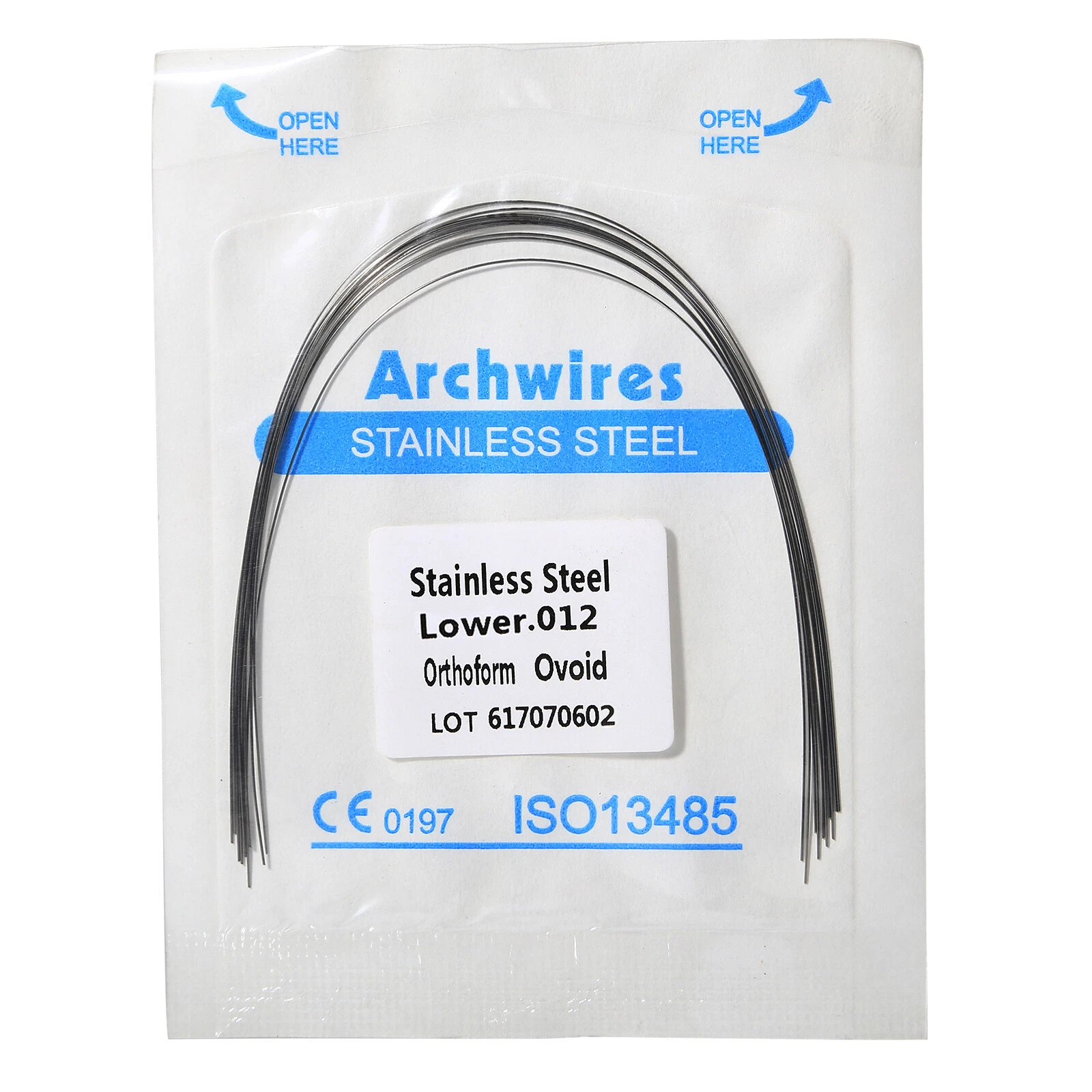 Pack of 10 preformed NiTi and Stainless Steel orthodontic arch wires in ovoid shape.