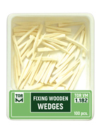 Pack of 100 color-coded anatomical wooden dental fixing wedges for matrix systems.